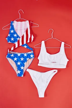 American Girl Flag Print Criss-Cross Front V-Neck Cut-Out Detail Open Back One-Piece Swimsuit /1-3-1