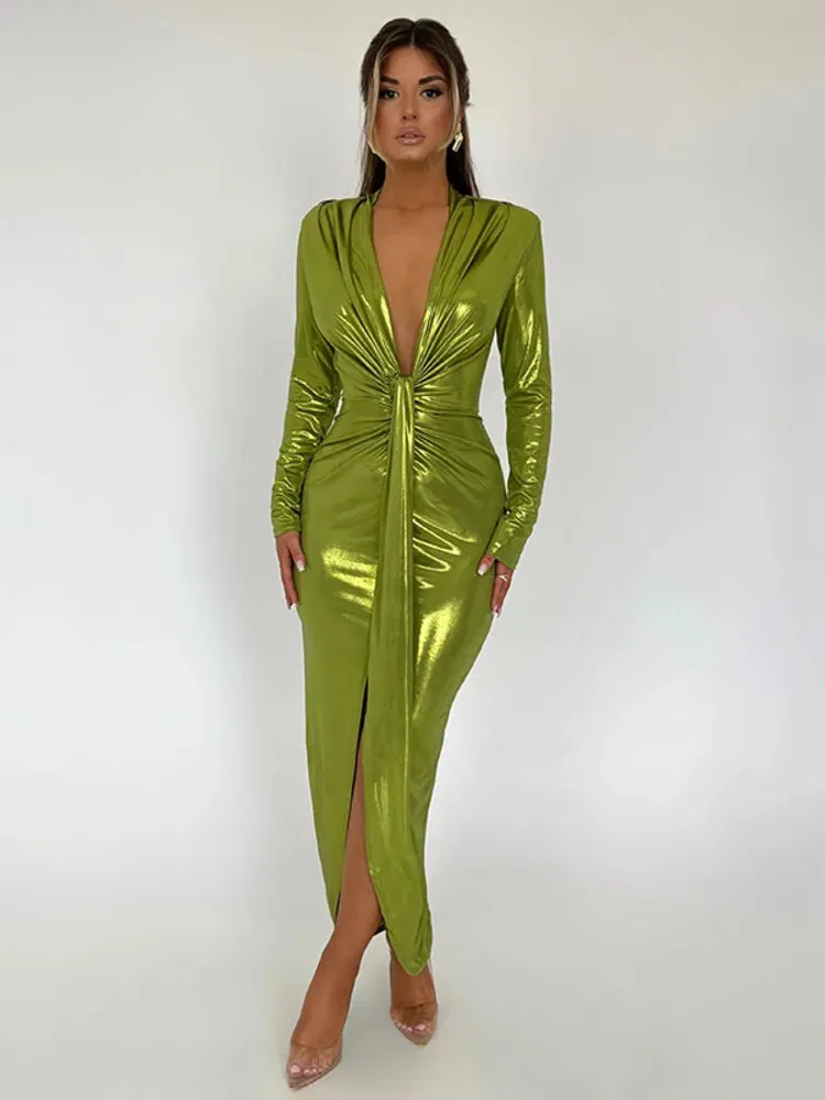 Amozae-A Deep V Neck Long Sleeve Bodycon Maxi Dress For Women Autumn Winter New Ruched Shiny Sexy PU Leather Dress Vestidos