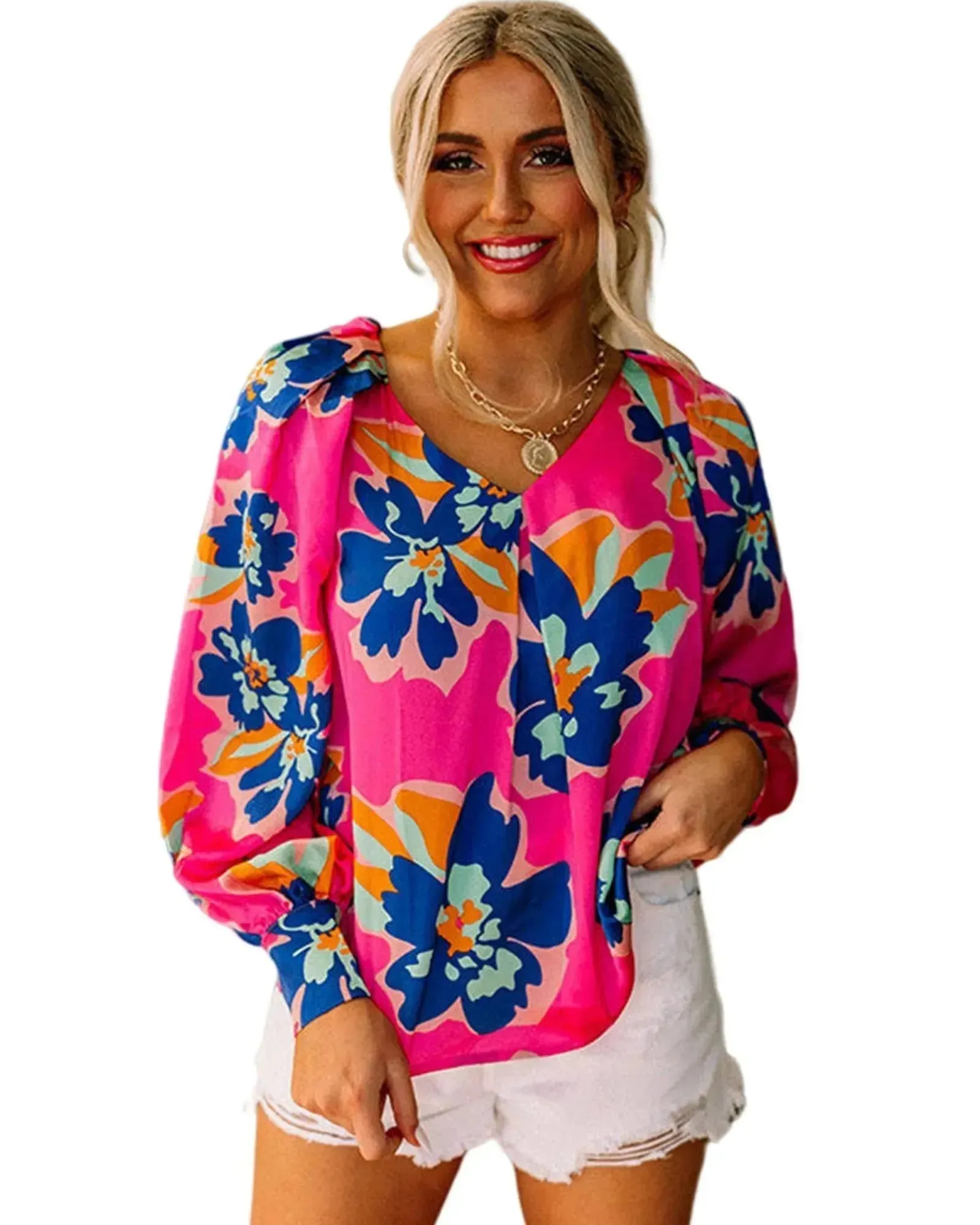 Azura Exchange Puff Sleeve Blouse with Flower Print - M