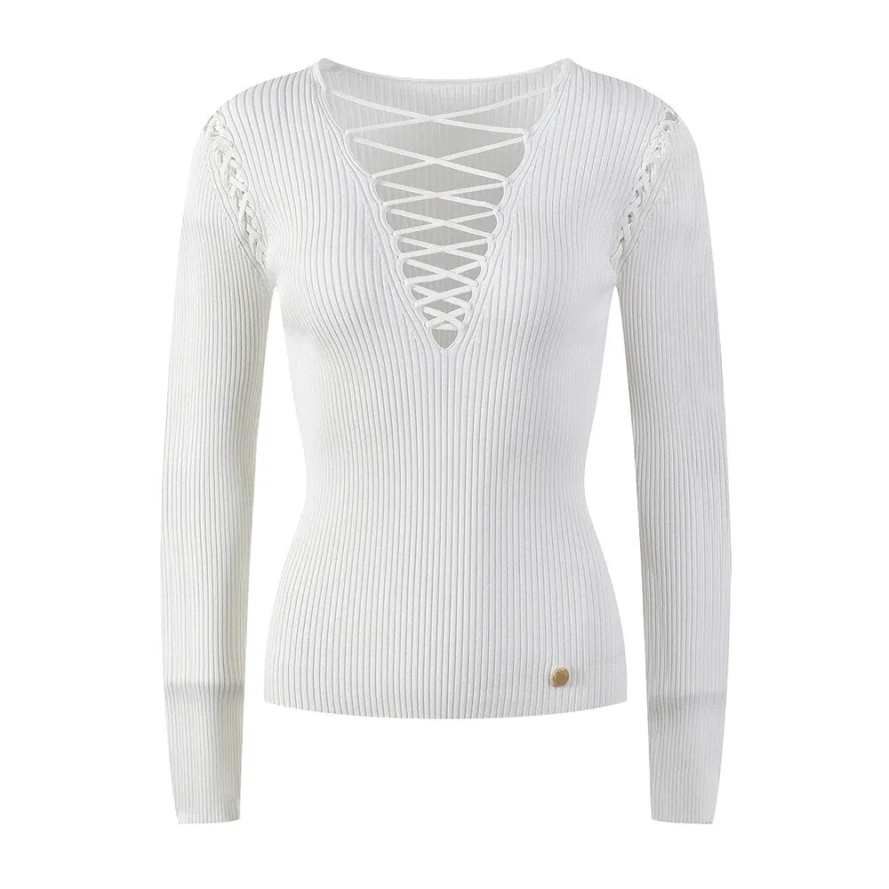 Bandage Solid Sweater For Women V Neck Long Sleeve Minimalist Cut Out Knitting Pullover Female Clothing