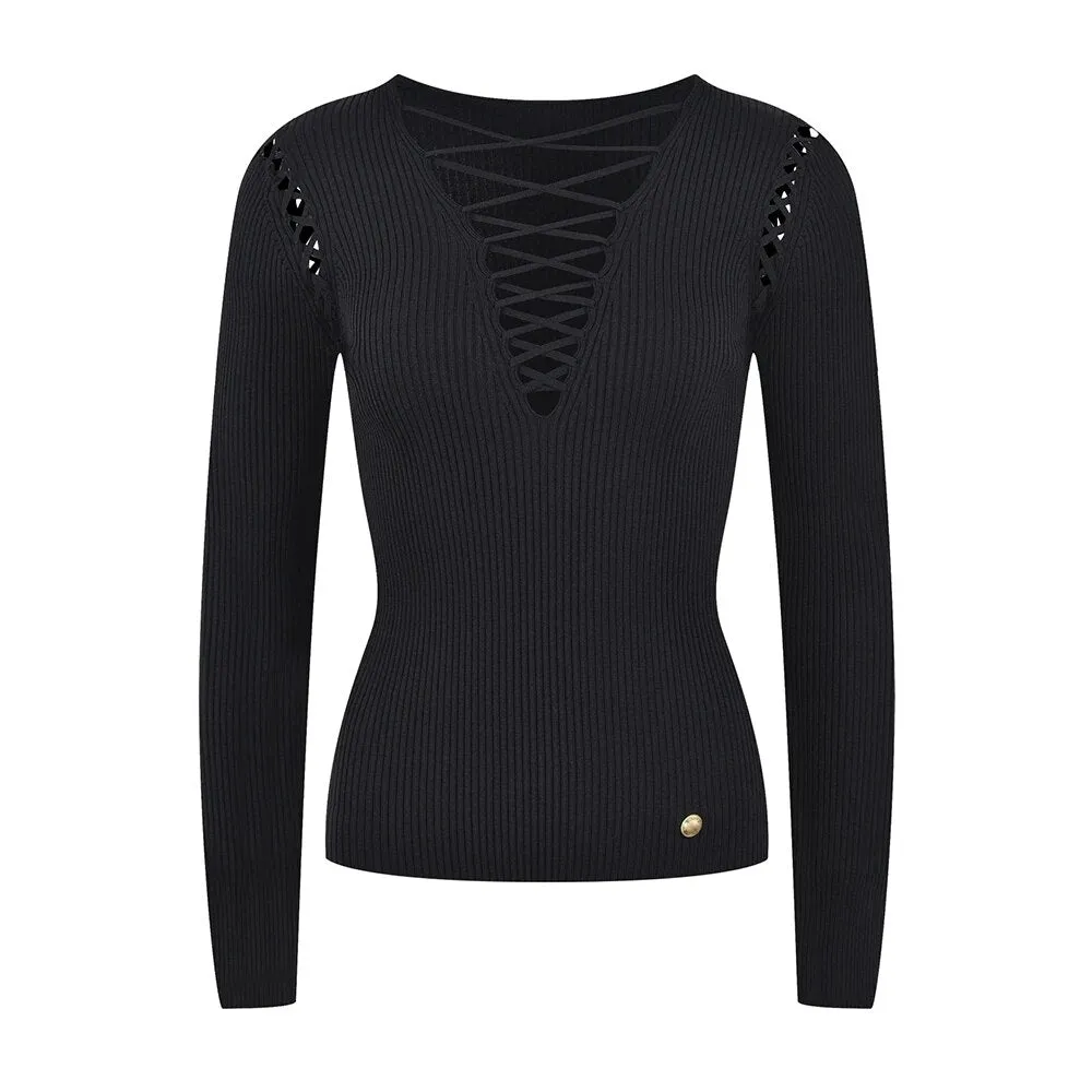 Bandage Solid Sweater For Women V Neck Long Sleeve Minimalist Cut Out Knitting Pullover Female Clothing