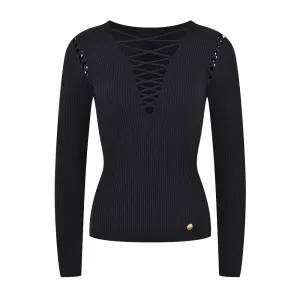 Bandage Solid Sweater For Women V Neck Long Sleeve Minimalist Cut Out Knitting Pullover Female Clothing