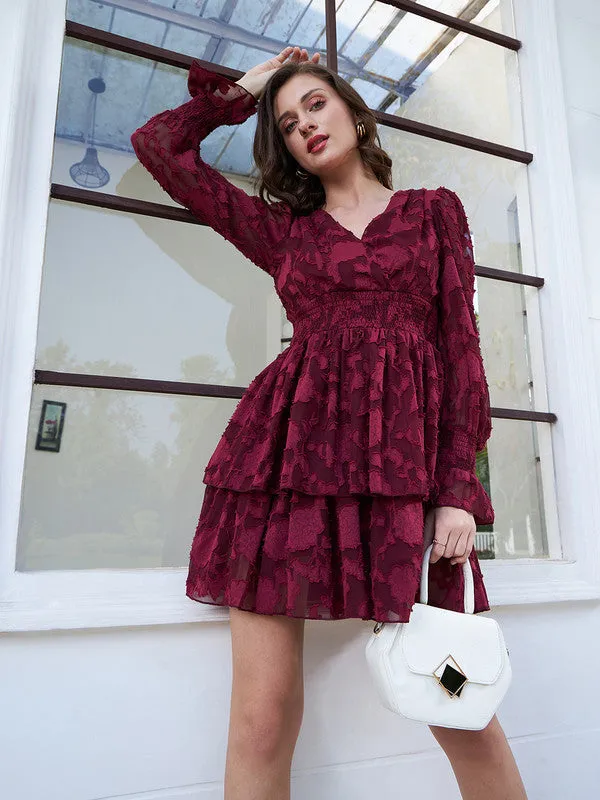 Berrylush Women Maroon Self-Design Pattern V-Neck Net Puff Sleeve Smocked Fit & Flare Mini Dress