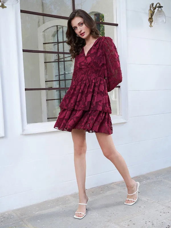 Berrylush Women Maroon Self-Design Pattern V-Neck Net Puff Sleeve Smocked Fit & Flare Mini Dress