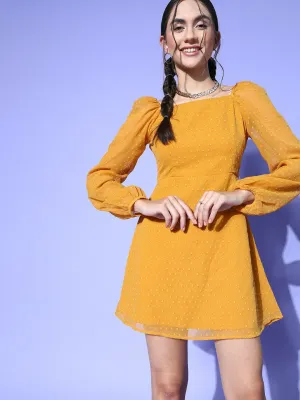 Berrylush Women Mustard Yellow Self-Design Pattern Square Neck Flared A-Line Mini Dress