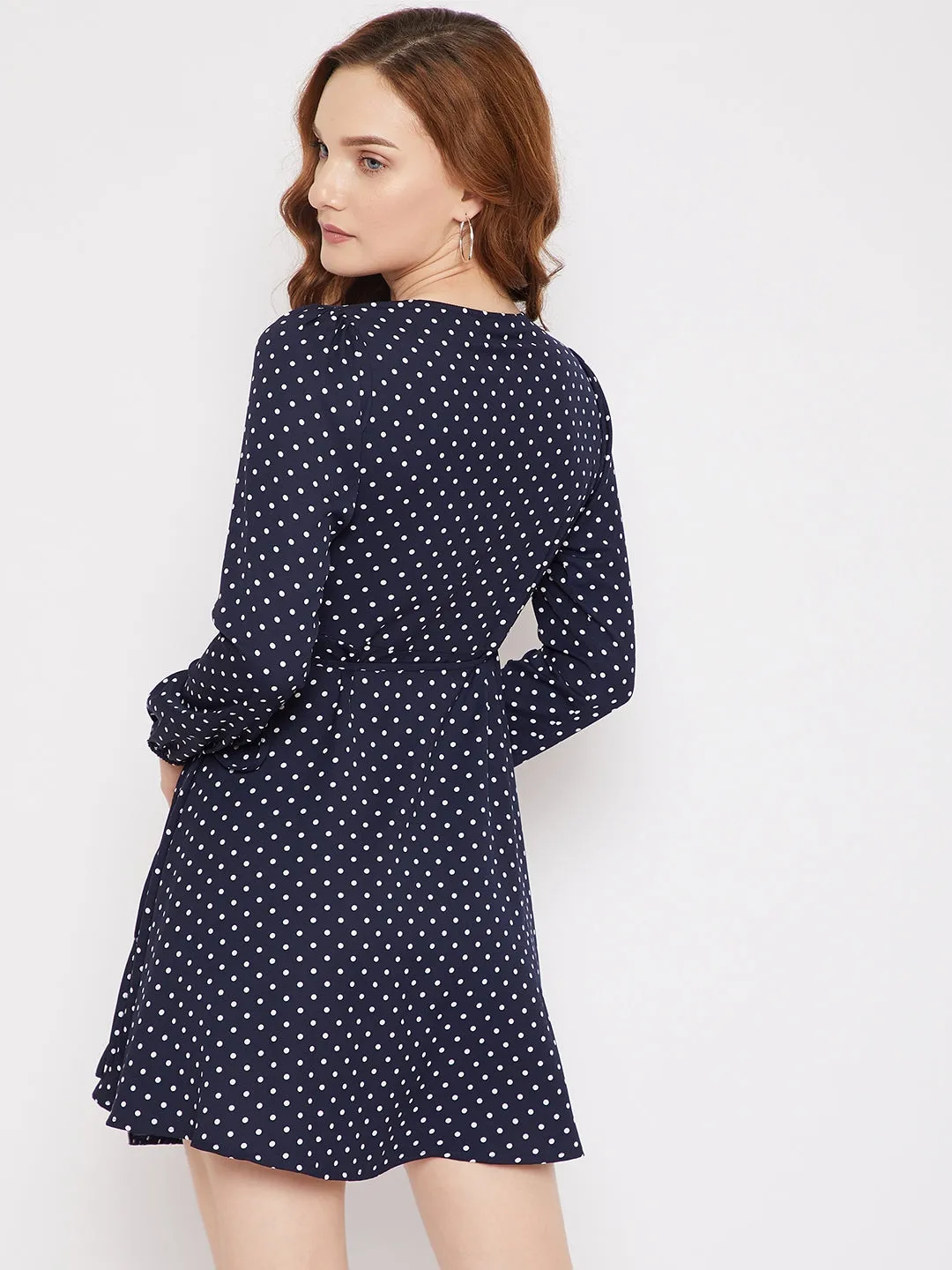 Berrylush Women Navy Blue Polka Dot Printed V-Neck Waist Tie-Up Fit & Flare Wrap Mini Dress