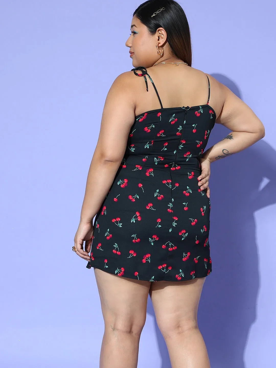 Berrylush Women Plus Size Black & Red Cherry Printed Square Neck Sleeveless Crepe Straight Hem A-Line Empire Mini Dress