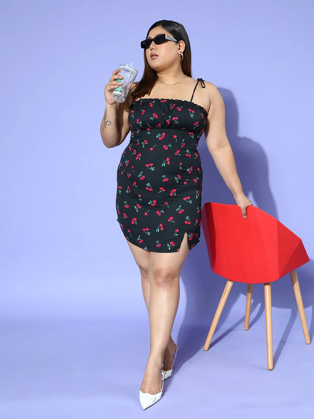 Berrylush Women Plus Size Black & Red Cherry Printed Square Neck Sleeveless Crepe Straight Hem A-Line Empire Mini Dress