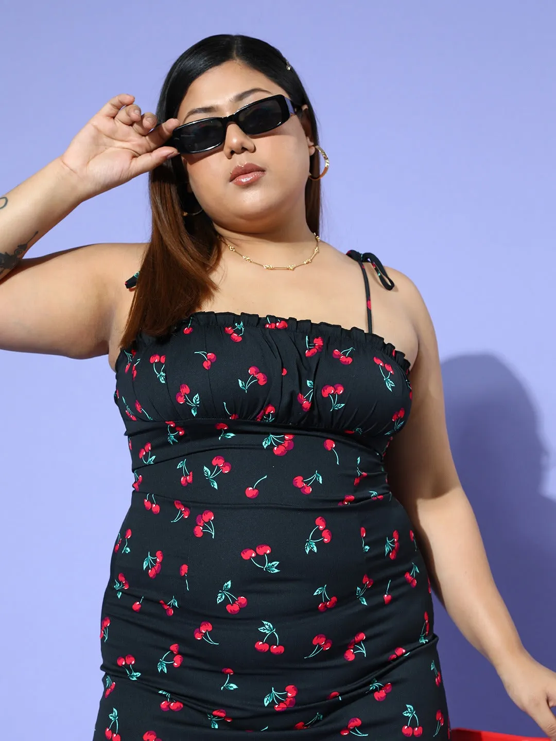 Berrylush Women Plus Size Black & Red Cherry Printed Square Neck Sleeveless Crepe Straight Hem A-Line Empire Mini Dress