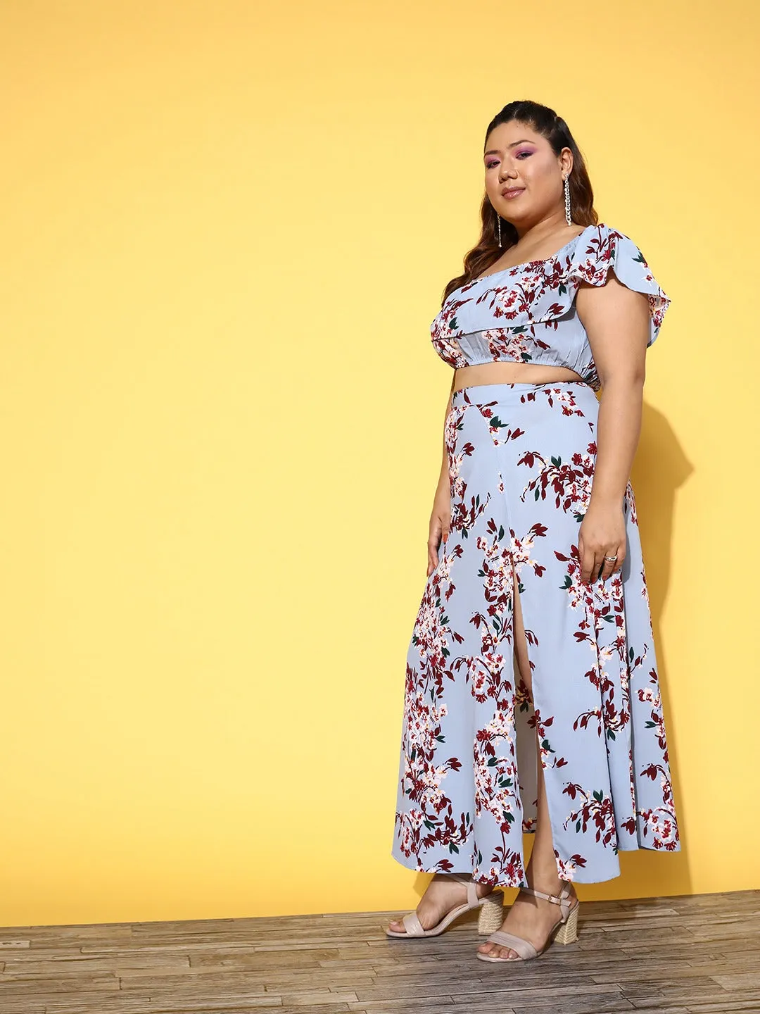 Berrylush Women Plus Size Blue & Maroon Floral Printed Off-Shoulder Neck Cropped Top & Thigh-High Slit Maxi Skirt Co-Ord Set