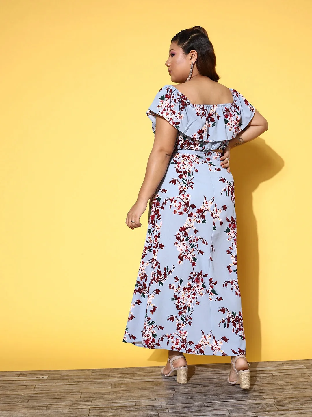 Berrylush Women Plus Size Blue & Maroon Floral Printed Off-Shoulder Neck Cropped Top & Thigh-High Slit Maxi Skirt Co-Ord Set