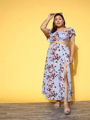 Berrylush Women Plus Size Blue & Maroon Floral Printed Off-Shoulder Neck Cropped Top & Thigh-High Slit Maxi Skirt Co-Ord Set