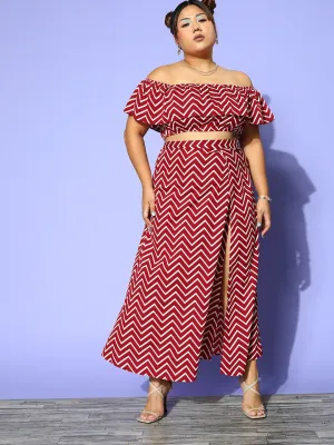 Berrylush Women Plus Size Maroon & White Chevron Printed Off-Shoulder Neck Crop Top & Thigh-High Slit Maxi Skirt Co-Ord Set