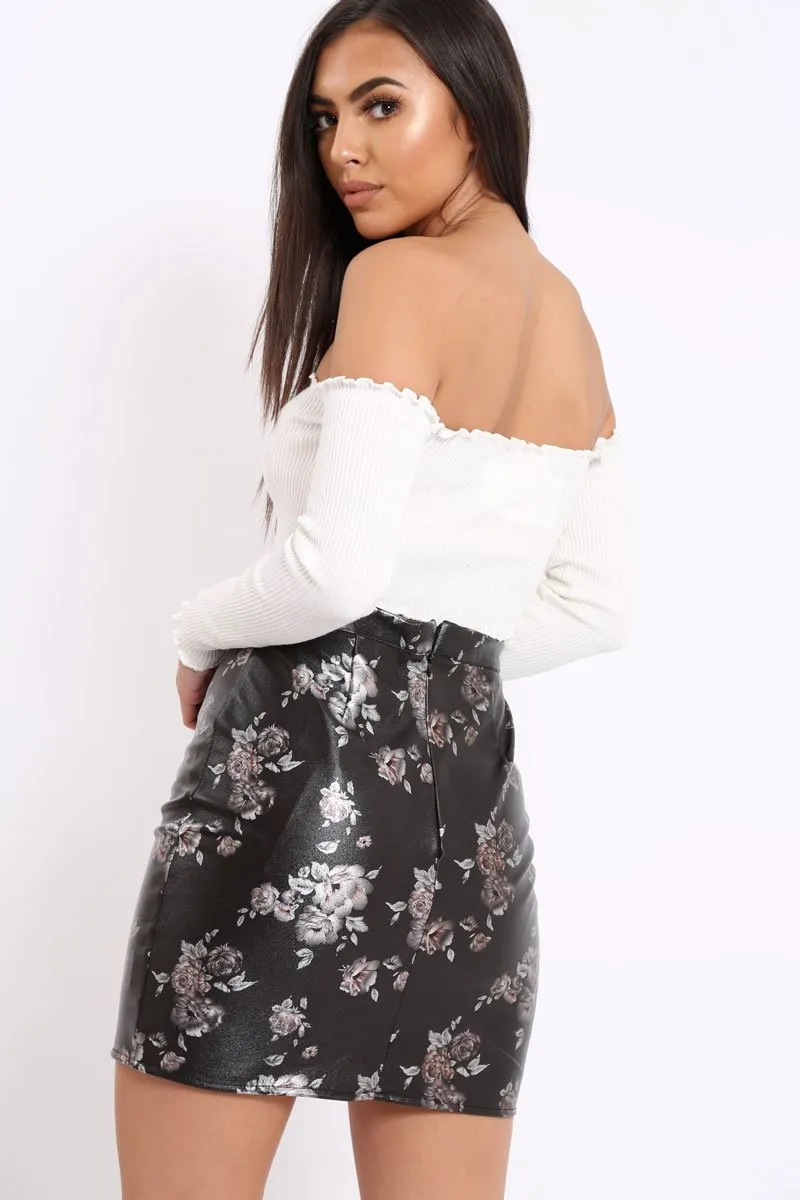 Black Floral PU Skirt - Iris