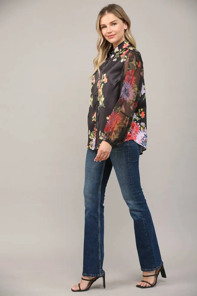 Black Floral Satin Organza Sleeve Blouse