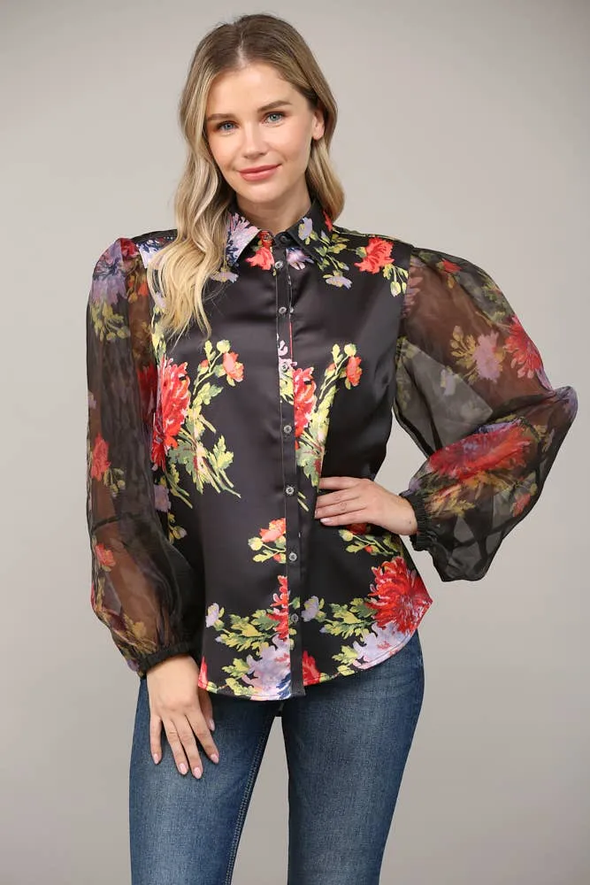 Black Floral Satin Organza Sleeve Blouse