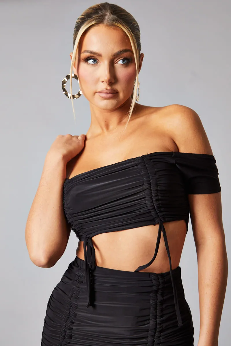 Black Mesh Bandeau Crop Top & Ruched Mini Skirt Set - Haru