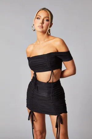 Black Mesh Bandeau Crop Top & Ruched Mini Skirt Set - Haru