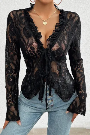 Black Sexy V Neck Hollow Lace Knot Blouse