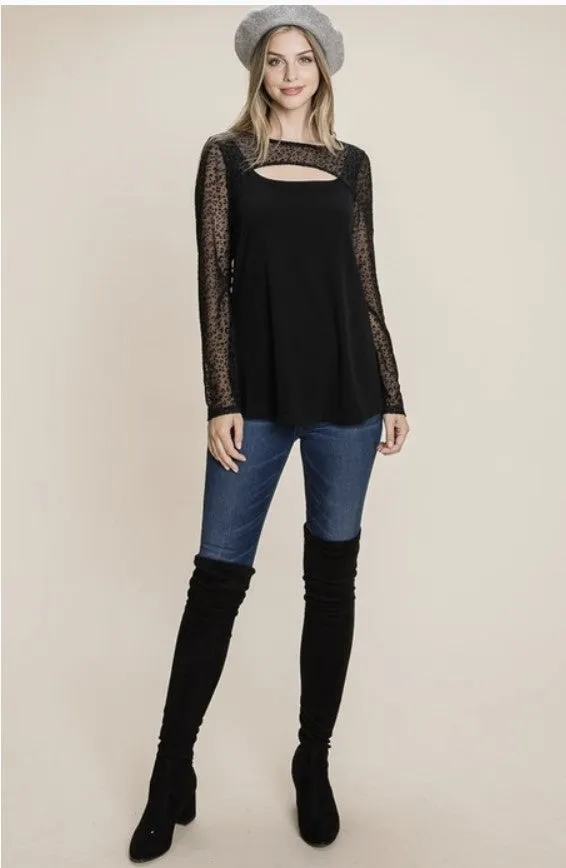 Black Top w/Animal Print Sheer Sleeves - #8303-8308