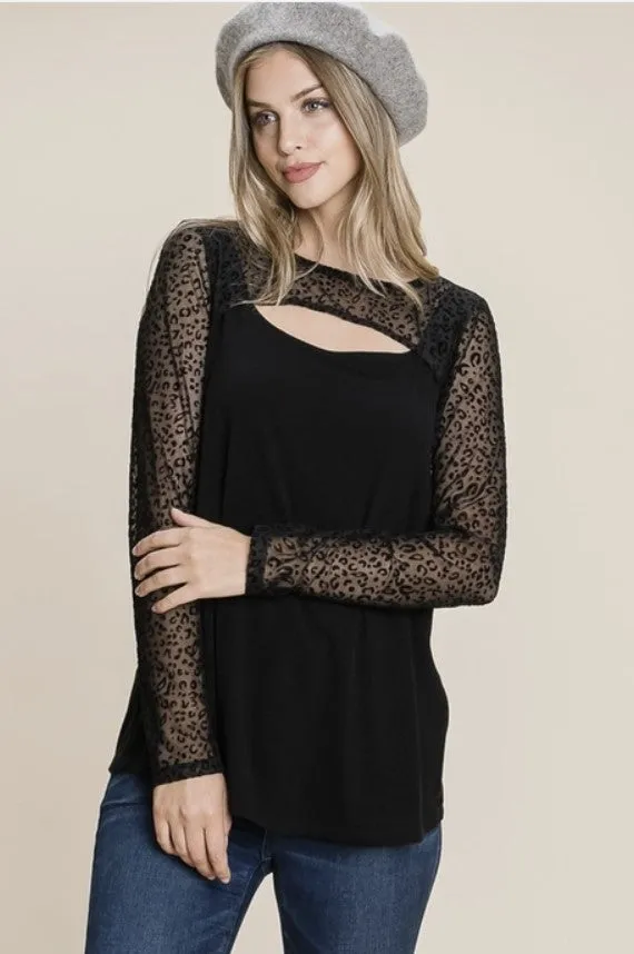 Black Top w/Animal Print Sheer Sleeves - #8303-8308