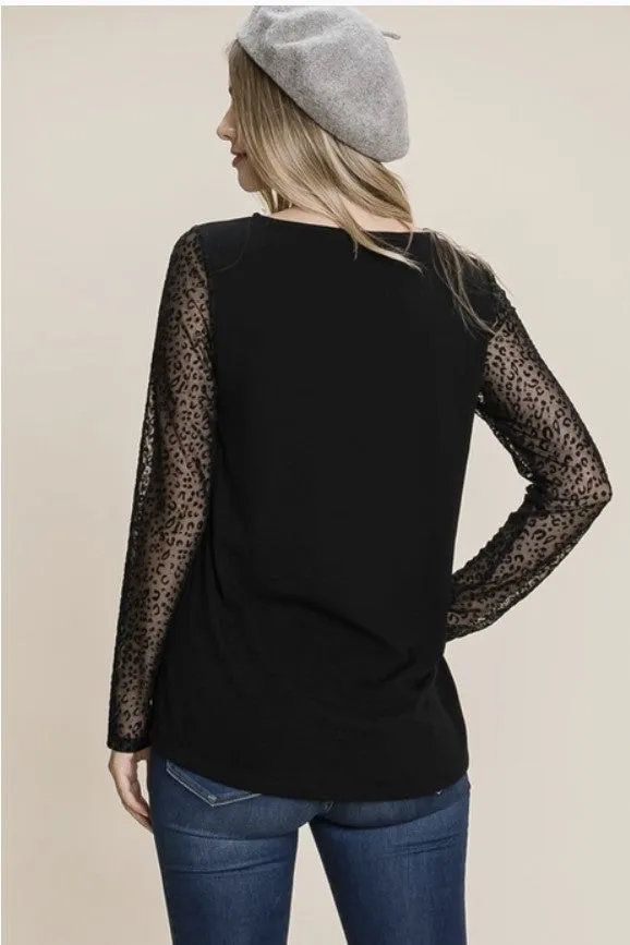 Black Top w/Animal Print Sheer Sleeves - #8303-8308