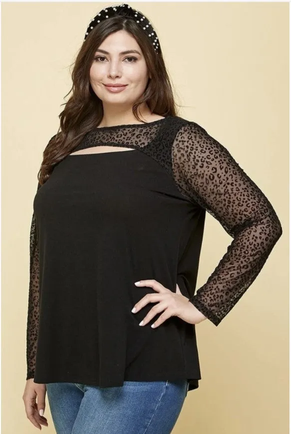 Black Top w/Animal Print Sheer Sleeves - #8303-8308