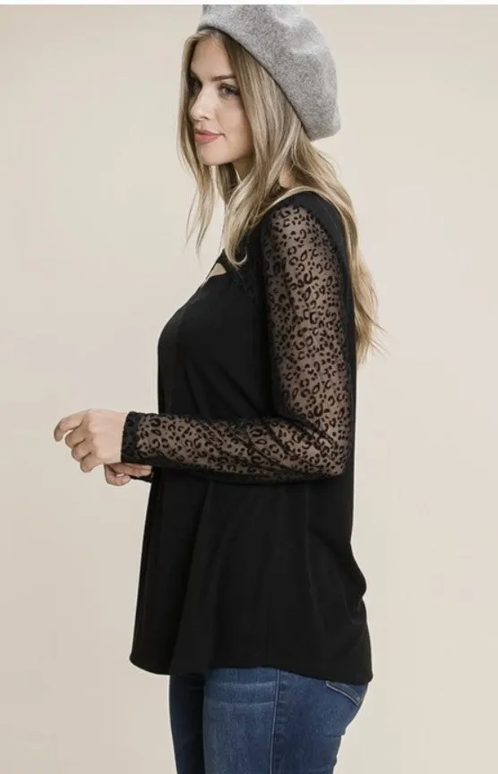 Black Top w/Animal Print Sheer Sleeves - #8303-8308