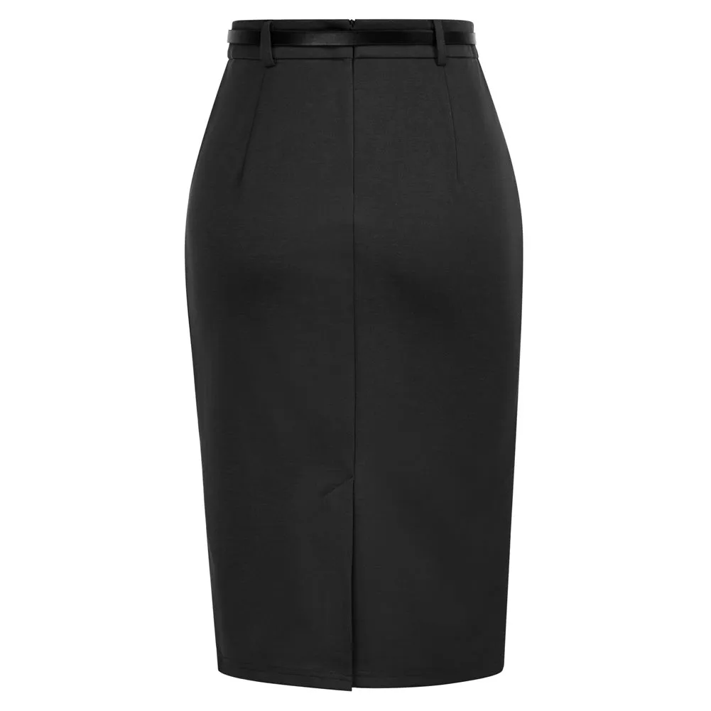 Bodycon Skirt with Belt OL High Waist Knee Length Pencil Skirt