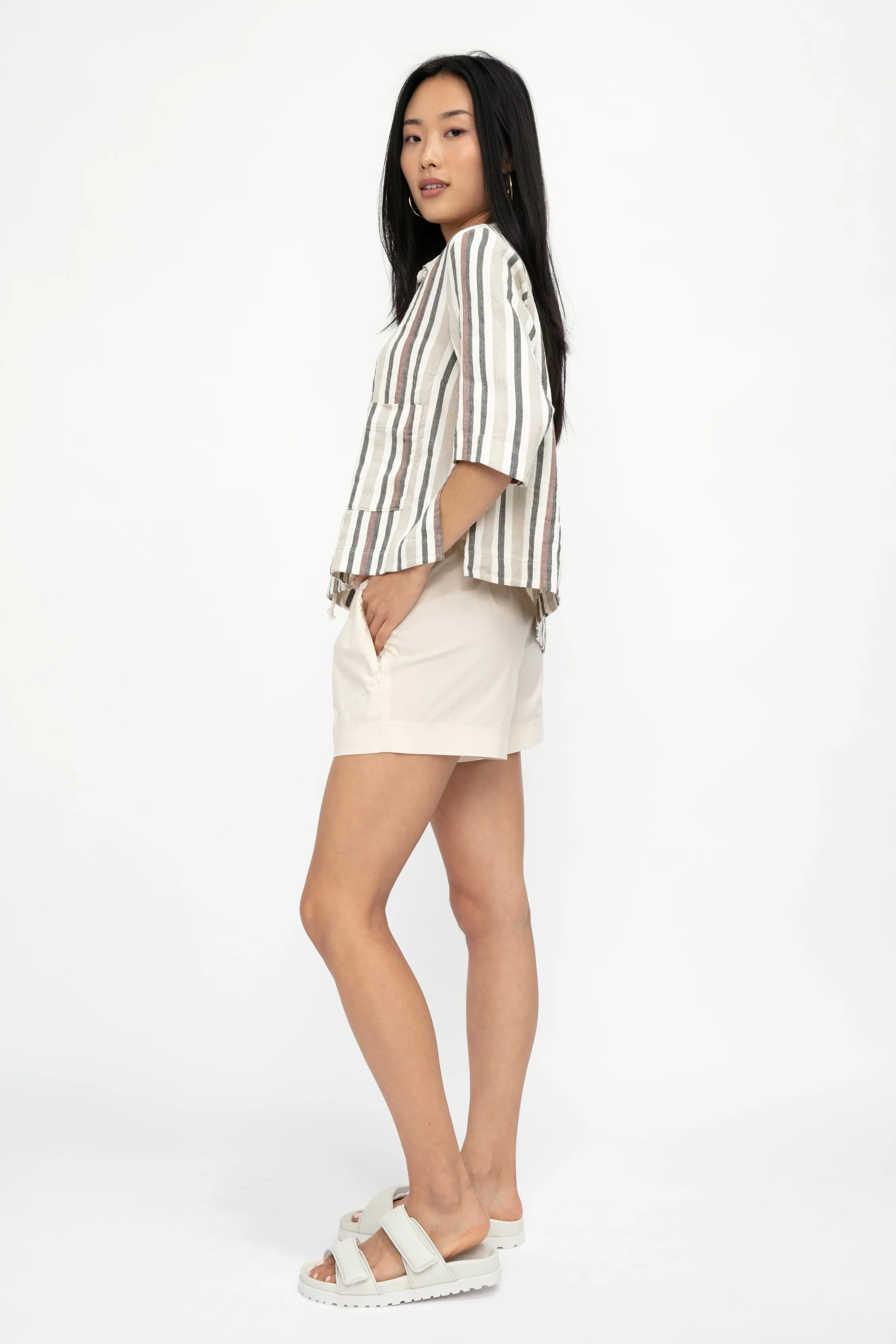 Boxy Linen Shirt Jacket in Carob Stripe