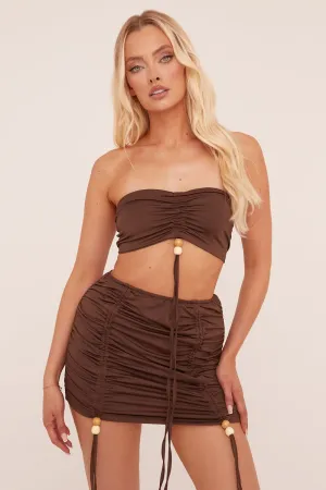 Brown Ruching Detail Bandeau Cropped Top & Mini Skirt Co-ord Set - Trisa