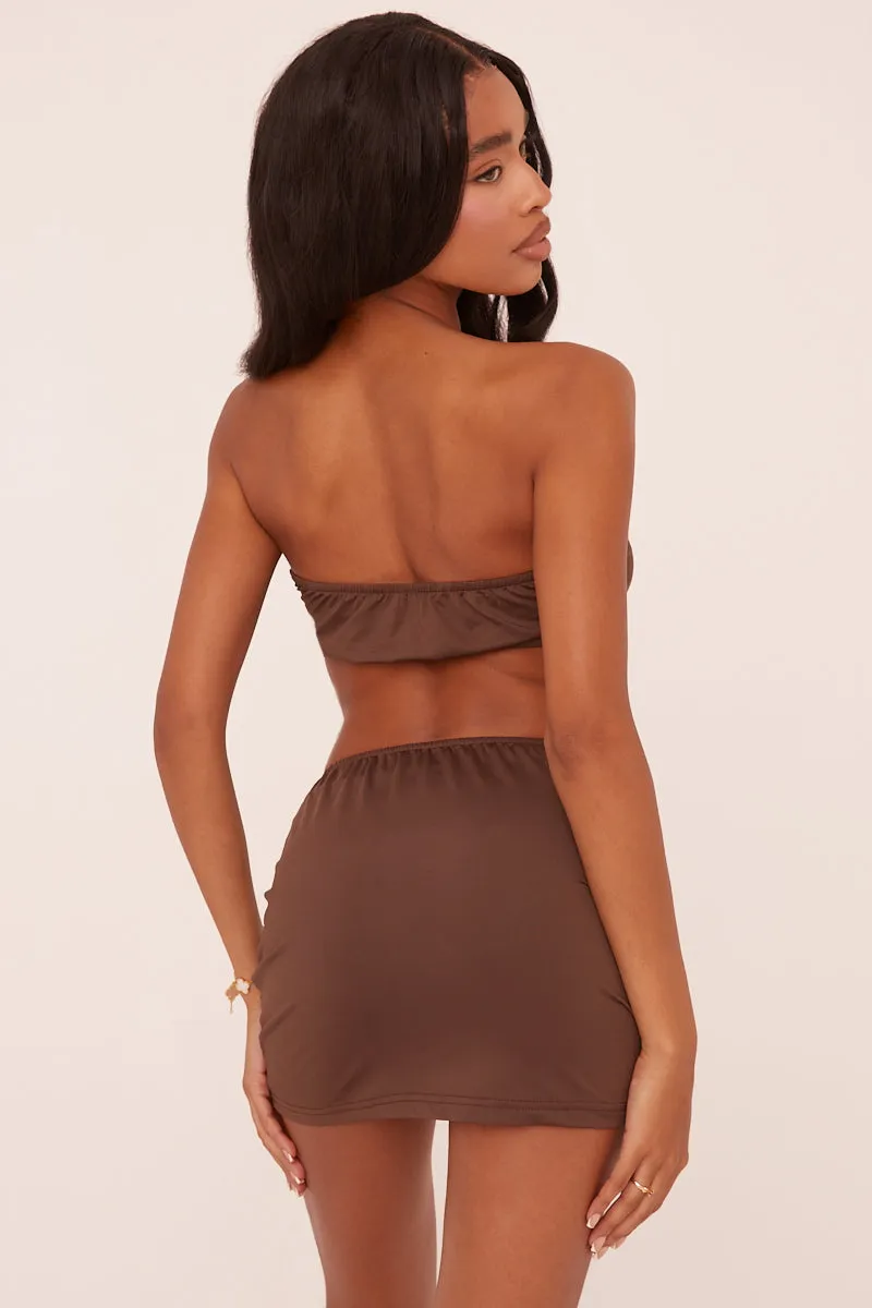 Brown Ruching Detail Bandeau Cropped Top & Mini Skirt Co-ord Set - Trisa