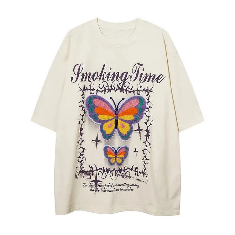 Butterfly Letter Embroidery Round Neck Loose T-Shirt