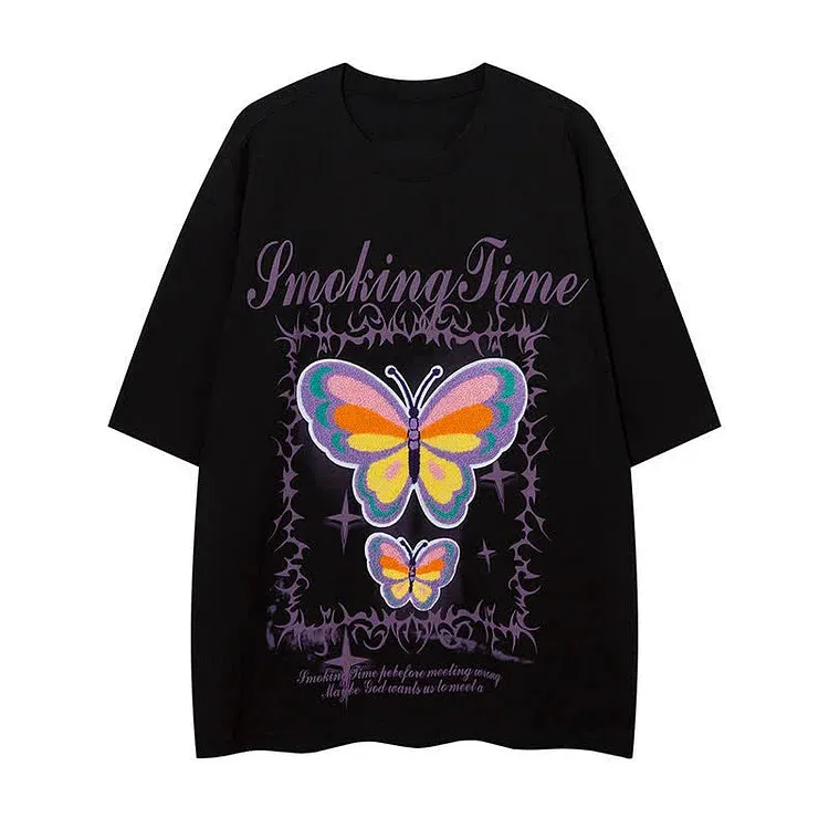 Butterfly Letter Embroidery Round Neck Loose T-Shirt