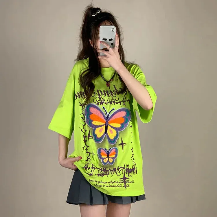 Butterfly Letter Embroidery Round Neck Loose T-Shirt