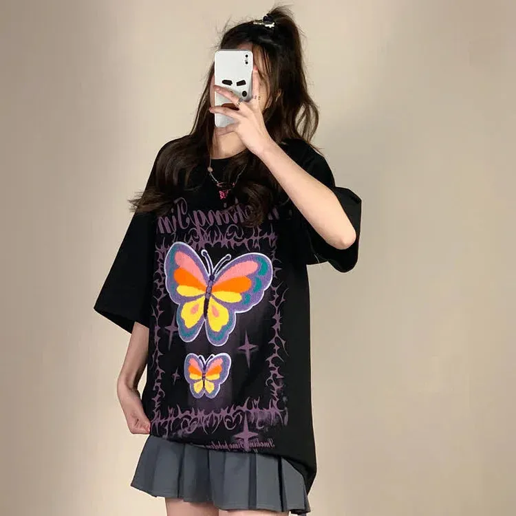 Butterfly Letter Embroidery Round Neck Loose T-Shirt