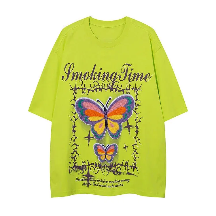 Butterfly Letter Embroidery Round Neck Loose T-Shirt