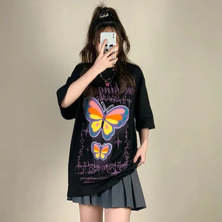 Butterfly Letter Embroidery Round Neck Loose T-Shirt