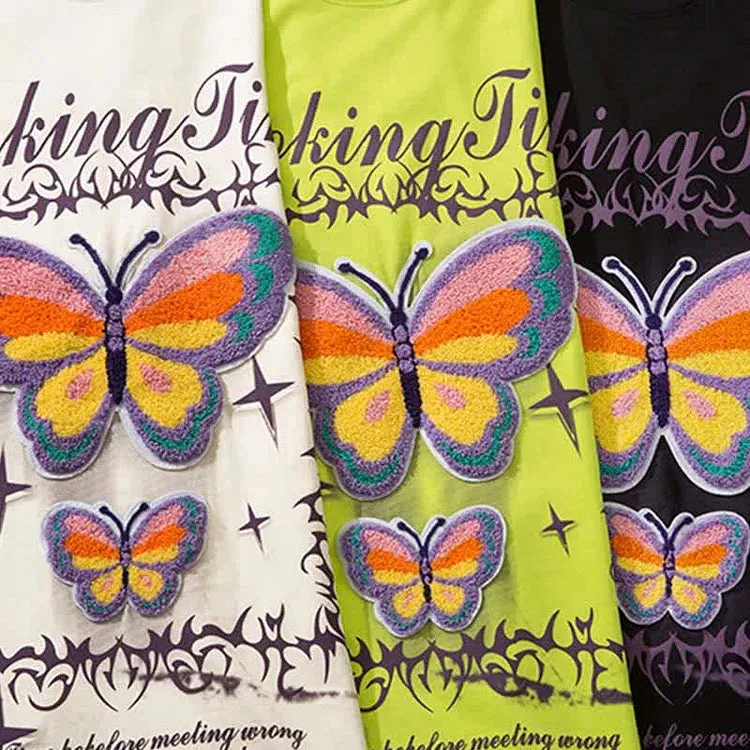 Butterfly Letter Embroidery Round Neck Loose T-Shirt