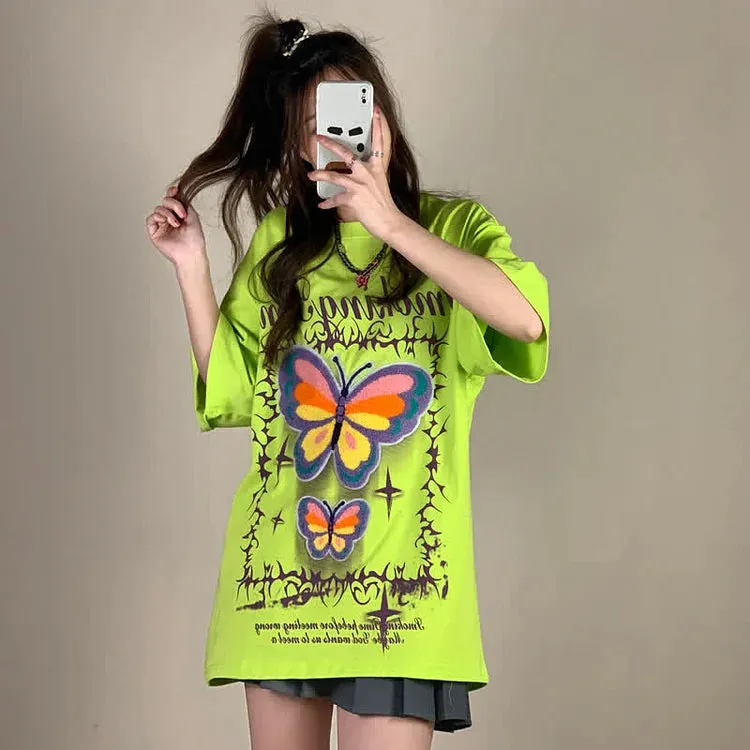 Butterfly Letter Embroidery Round Neck Loose T-Shirt