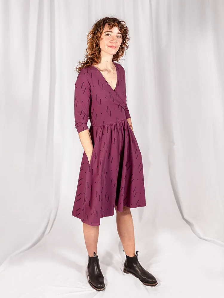 Callie 3/4 Sleeve Wrap Dress - Diamond Vine Dark Purple