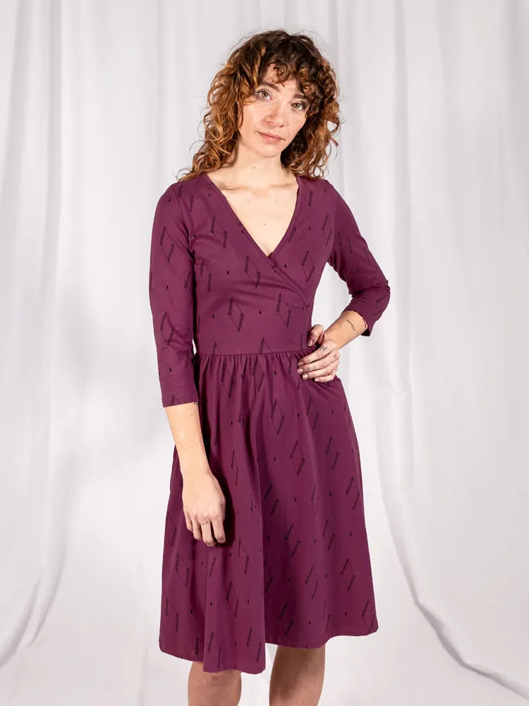 Callie 3/4 Sleeve Wrap Dress - Diamond Vine Dark Purple