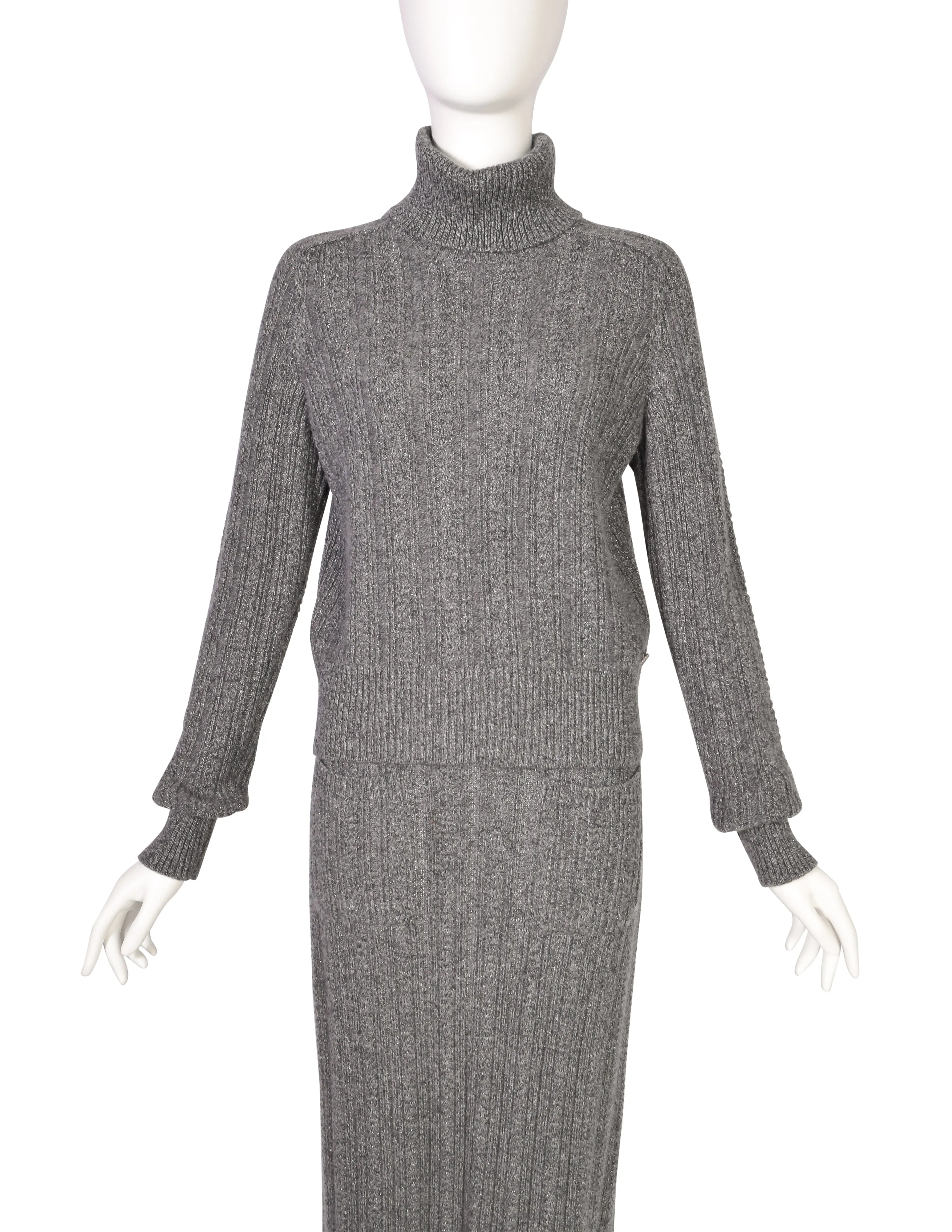 Chanel PF 2015 Grey Sparkly Cashmere Knit Sweater and Skirt Set