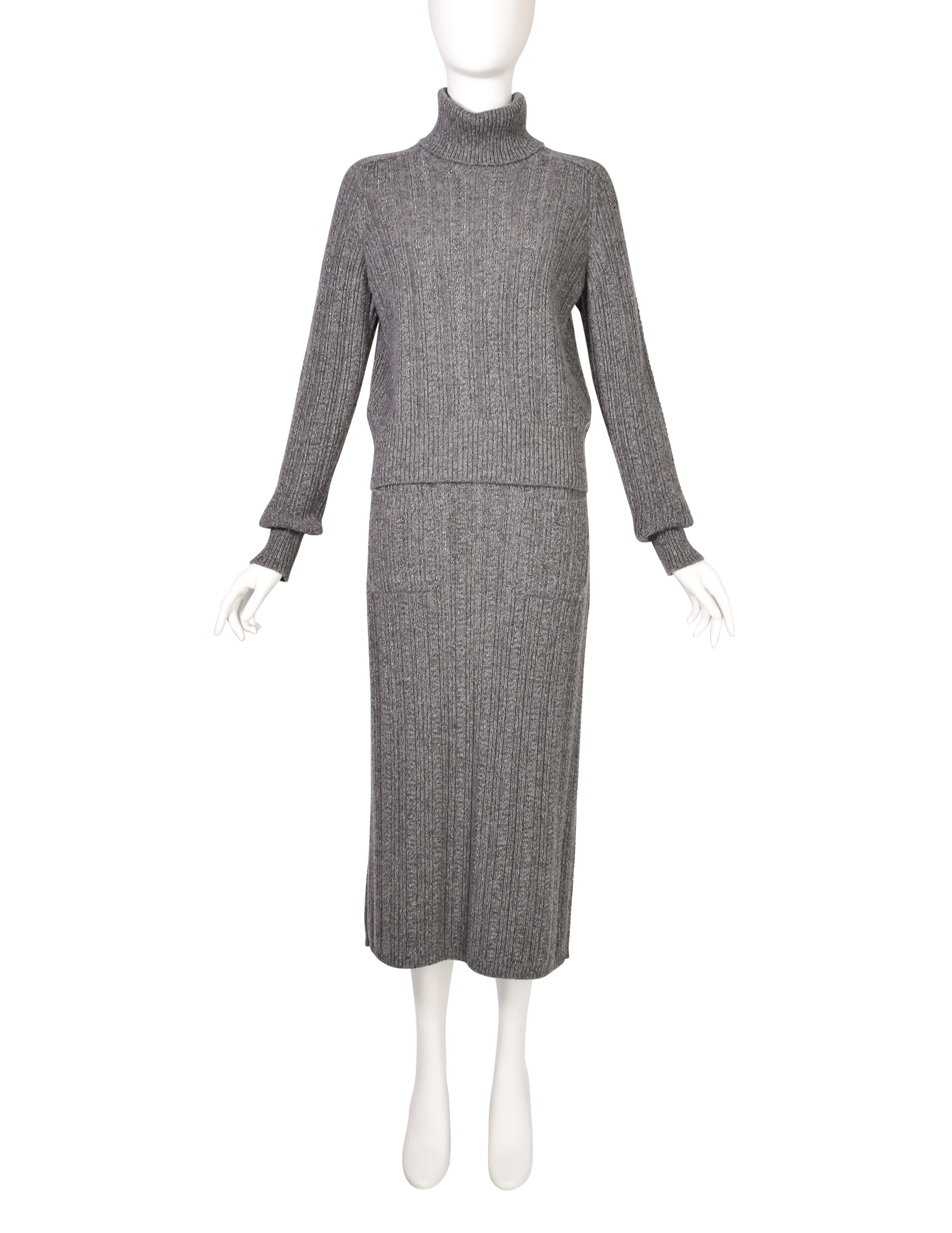 Chanel PF 2015 Grey Sparkly Cashmere Knit Sweater and Skirt Set