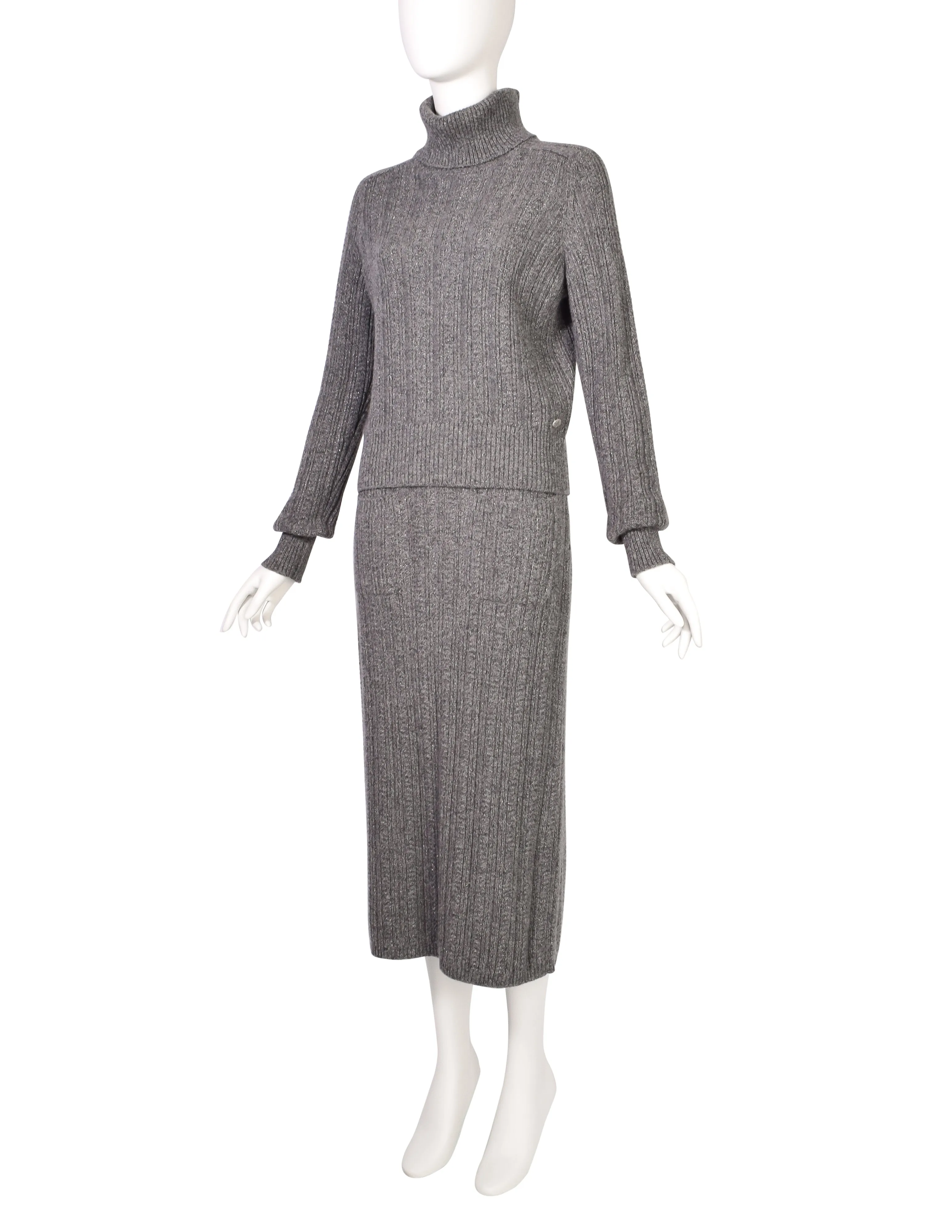 Chanel PF 2015 Grey Sparkly Cashmere Knit Sweater and Skirt Set