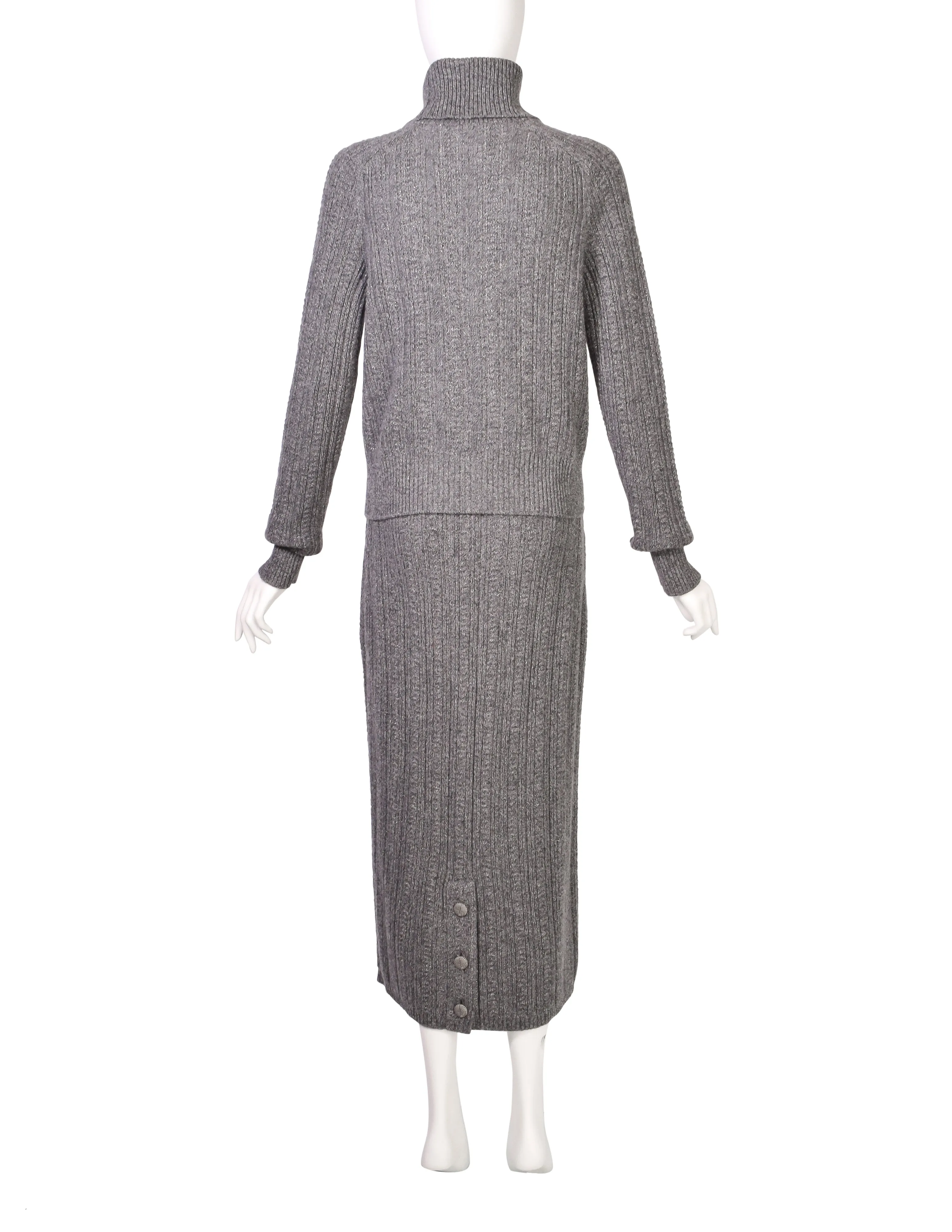 Chanel PF 2015 Grey Sparkly Cashmere Knit Sweater and Skirt Set