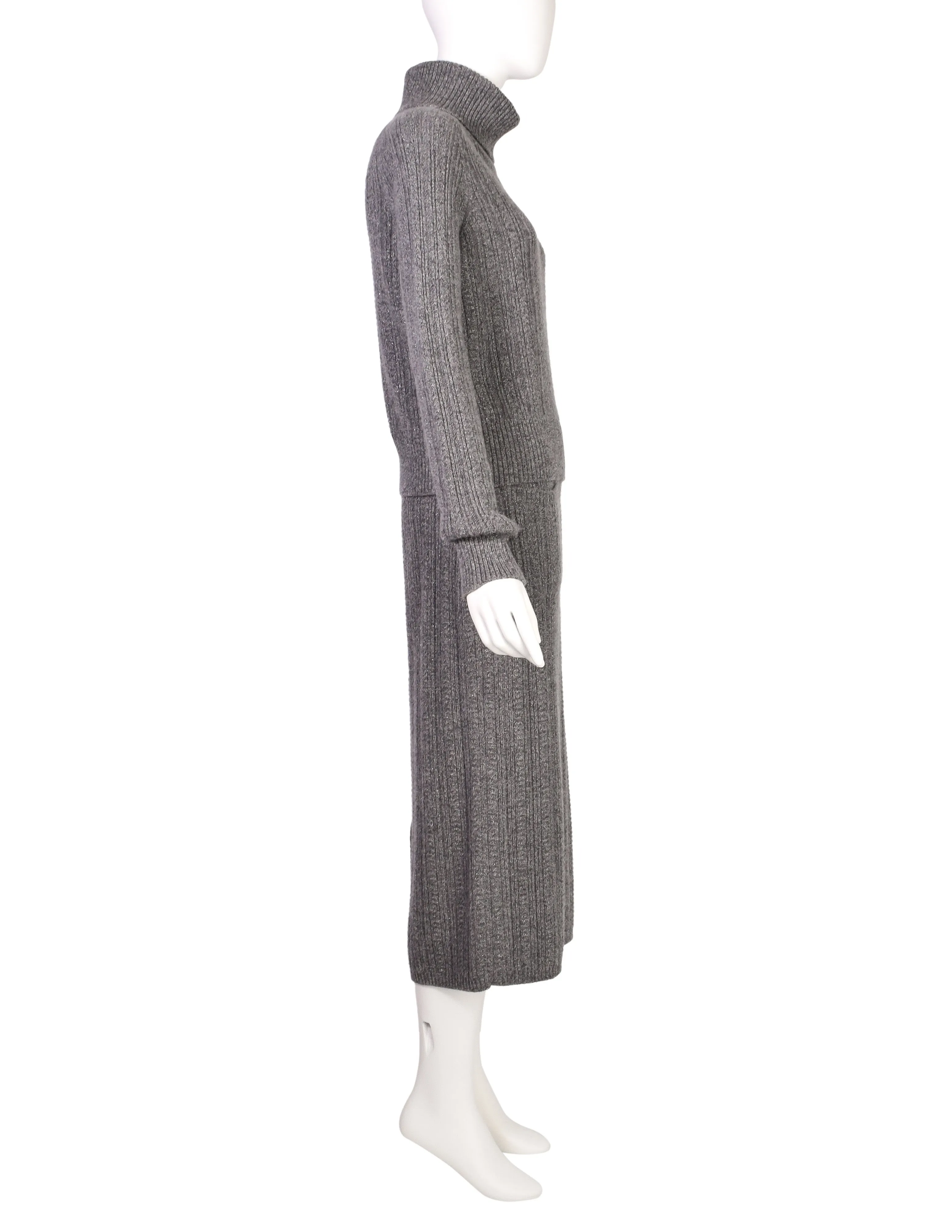 Chanel PF 2015 Grey Sparkly Cashmere Knit Sweater and Skirt Set