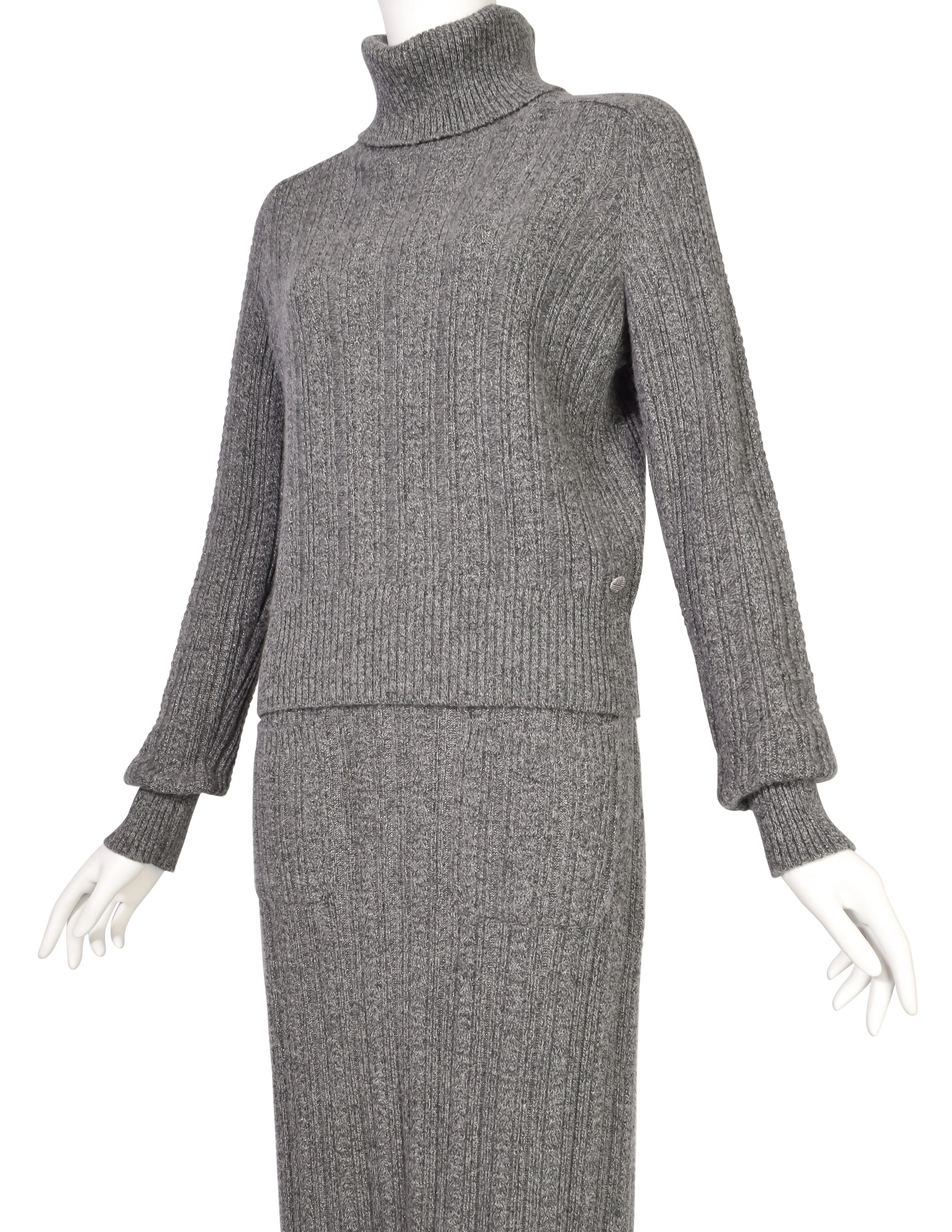 Chanel PF 2015 Grey Sparkly Cashmere Knit Sweater and Skirt Set