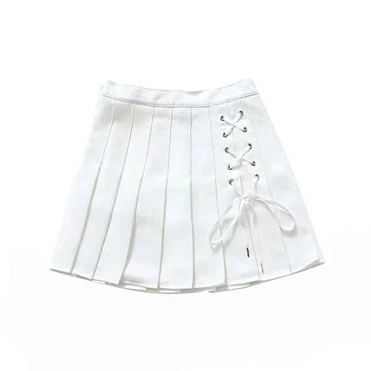 Chic Lace Up High Waist Pleated Short Skirt