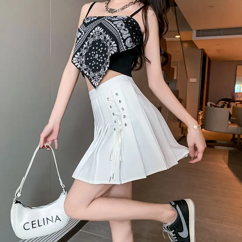 Chic Lace Up High Waist Pleated Short Skirt